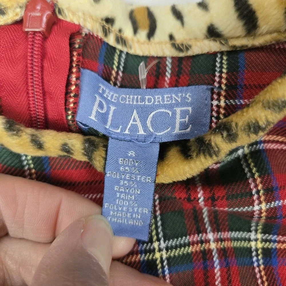 The Children's Place Girls Plaid Sleeveless Holiday Dress Size 8 w/ Leopard Trim